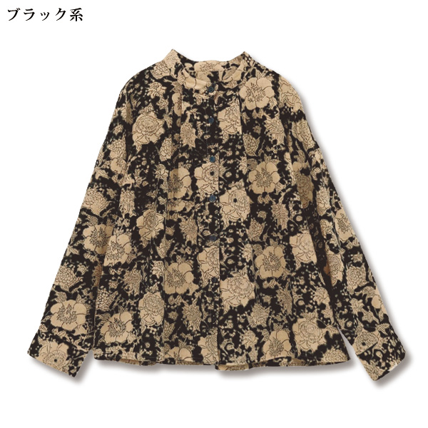 バイカラーのお花とドットブロックプリントタックブラウス