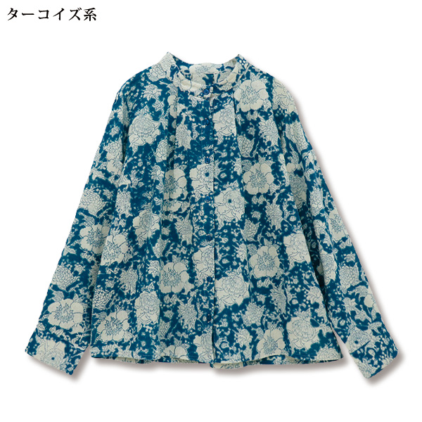 バイカラーのお花とドットブロックプリントタックブラウス