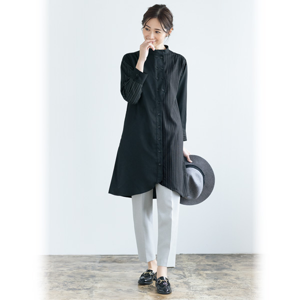 ストライプ切替え多ボタンシャツチュニック