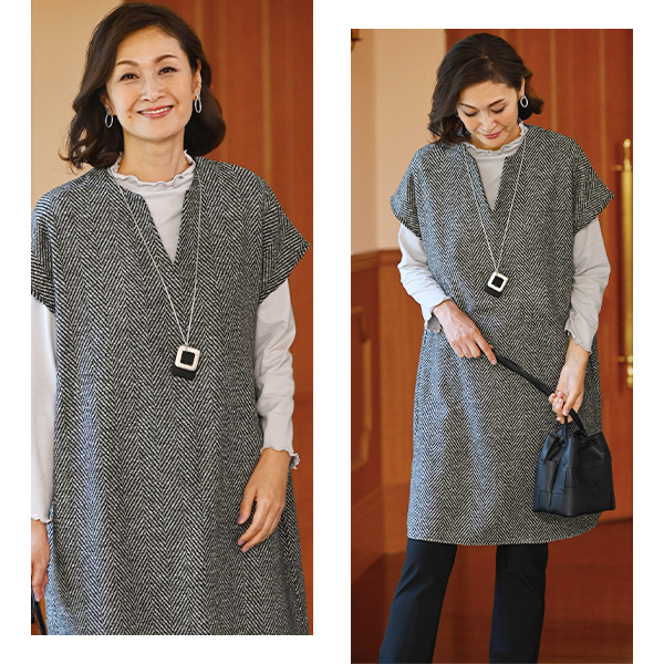 ヘリンボーン柄キーネックワンピース◎