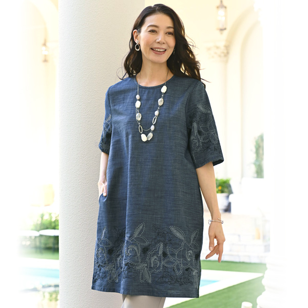 配色刺しゅう綿チュニックワンピース