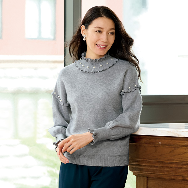 パールビーズ付フリルセーター