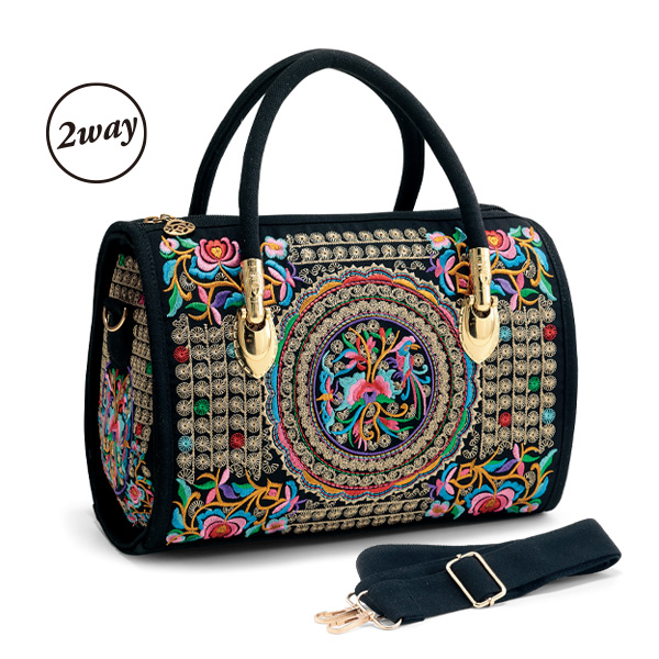 華やか刺しゅう2WAYボストン手提げバッグ◎