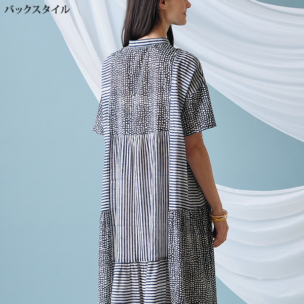 手作業木版ブロックプリント パッチワーク前開きワンピース◎