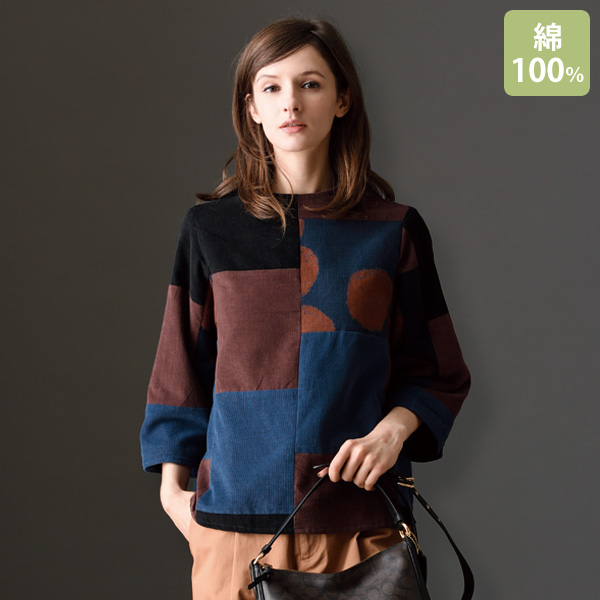 カラフルコーデュロイパッチワークブラウス◎