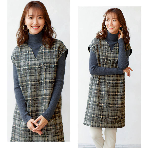 チェックツイード キーネックチュニック◎