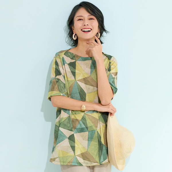 日本製 麻混プリントチュニック