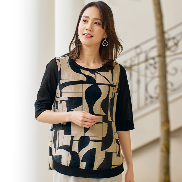 幾何学柄 異素材ブラウス
