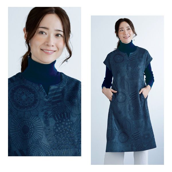 北欧風フラワー柄 裏起毛 キーネックチュニック