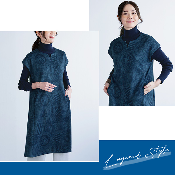 北欧風フラワー柄 裏起毛 キーネックチュニック