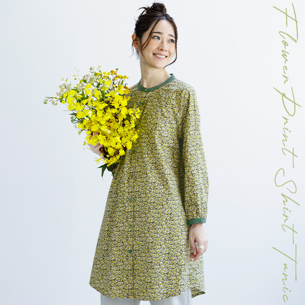 ポイント配色 フラワープリント シャツチュニック | 京都通販ミセスの