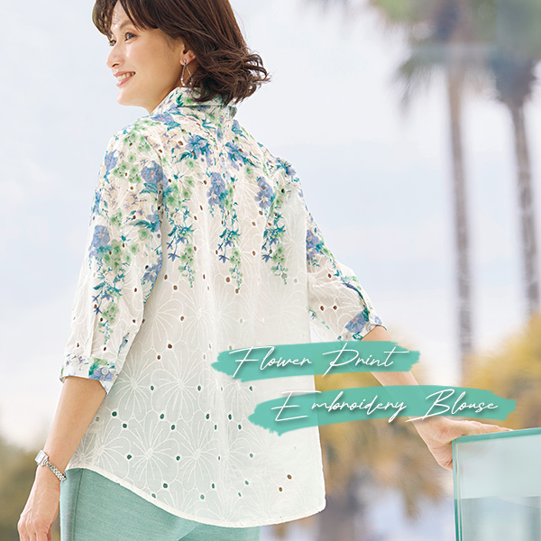 パネルフラワープリント 総刺しゅうブラウス