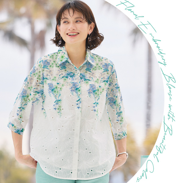 パネルフラワープリント総刺しゅうブラウス