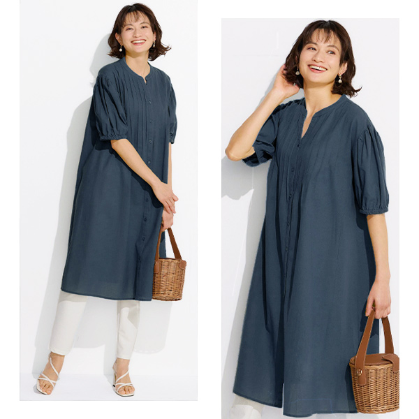 胸元ピンタック コットンワンピース