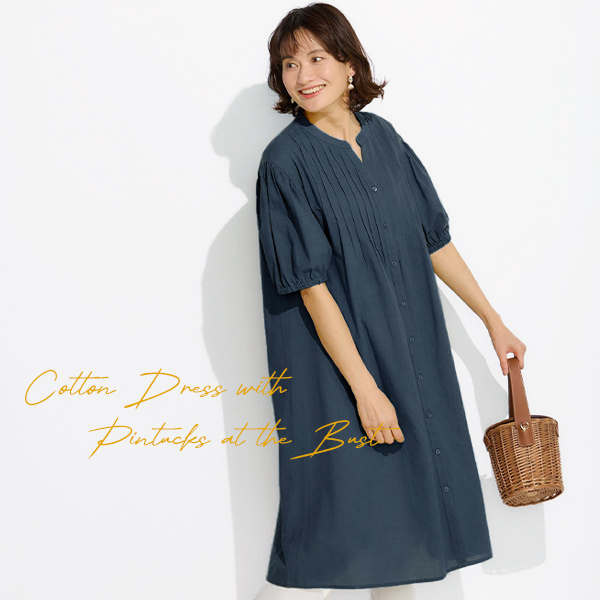 胸元ピンタックコットンワンピース