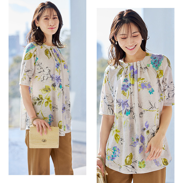 日本製 麻混カットソーチュニック 大きいサイズ M L LL 3L