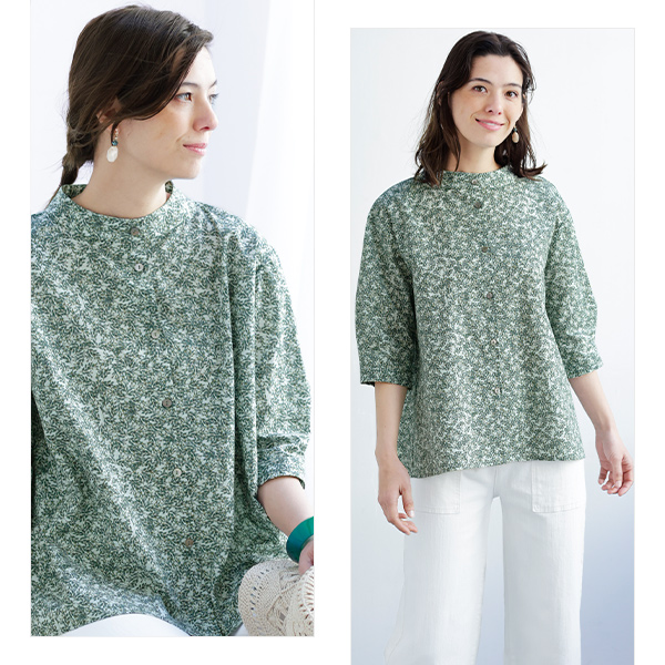 リーフ柄バンドカラーシャツ