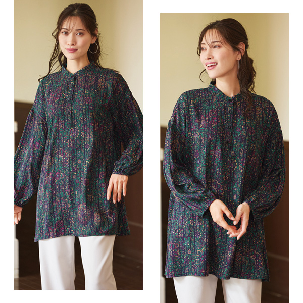 バンドカラープリントチュニック