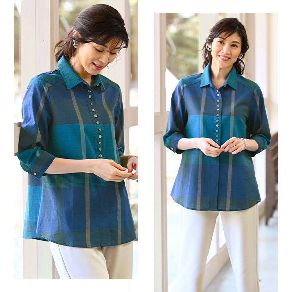 ビックチェック多ボタンデザインブラウス◎