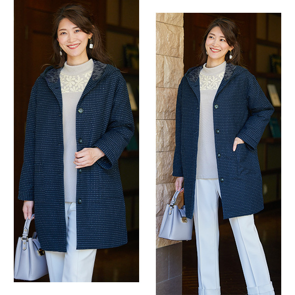 久留米織フード付中わたコート◎ | 京都通販ミセスのファッション館・本店