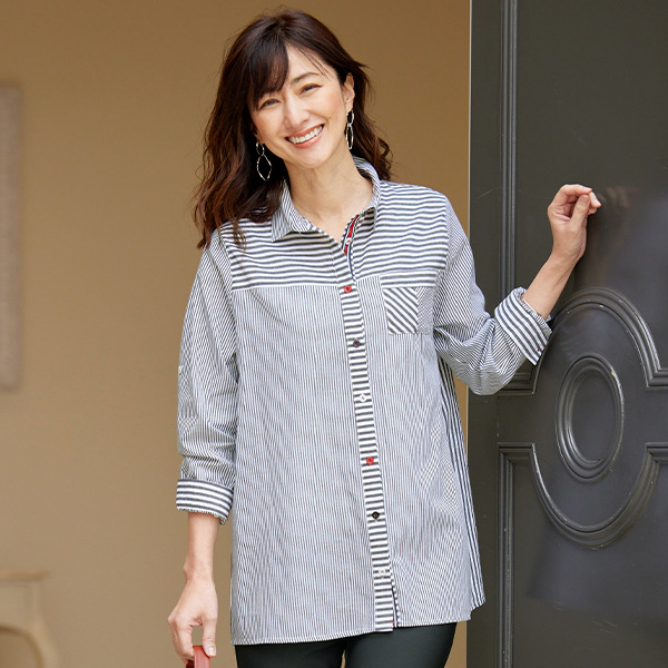 コットンストライプ切替シャツブラウス