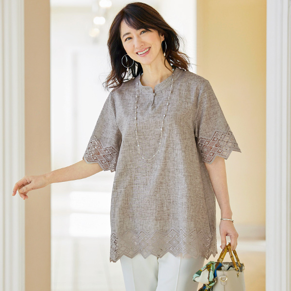 綿麻シャンブレーレースオーバーブラウス◎