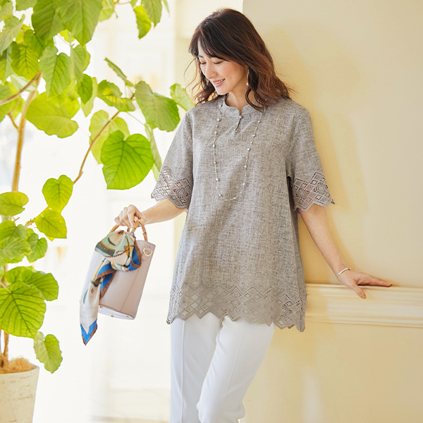 綿麻シャンブレーレースオーバーブラウス◎