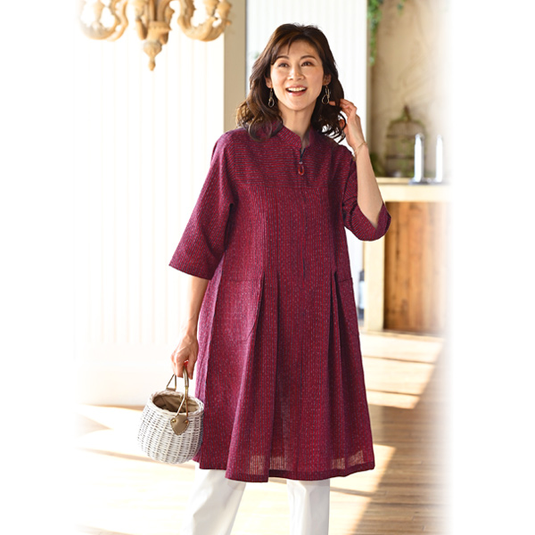 久留米織スタンド衿チュニックワンピース ◎