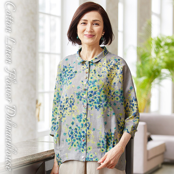 綿麻プリントドルマンブラウス