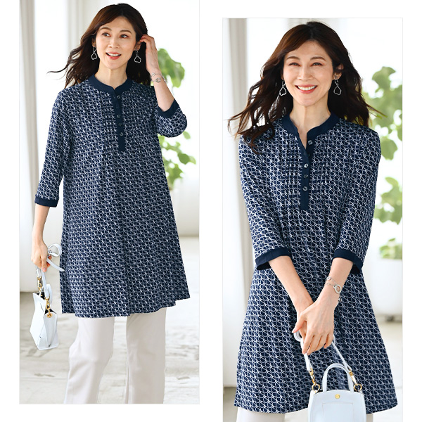 ピンタック七分袖プリントチュニックプルオーバー◎