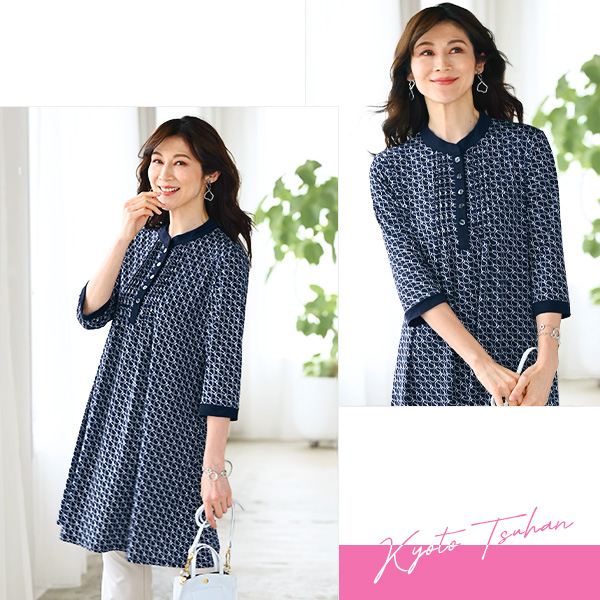 ピンタック七分袖プリントチュニックプルオーバー