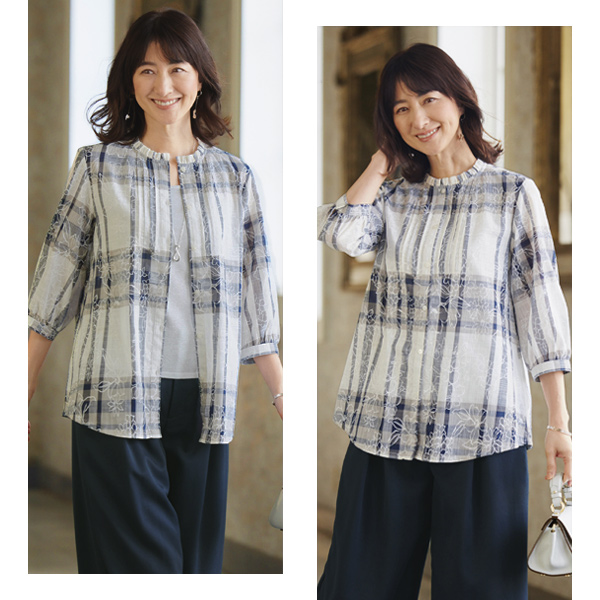 チェックと花柄プリントのフリル衿ピンタックブラウス | 京都通販