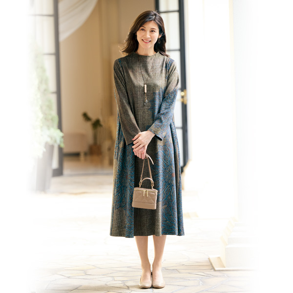 起毛素材ボトルネックプリントワンピース | 京都通販ミセスの