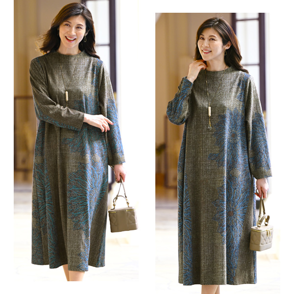 起毛素材ボトルネックプリントワンピース | 京都通販ミセスの