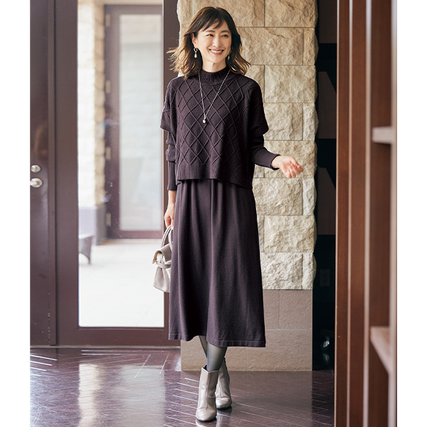 ダイヤ柄ニットワンピースアンサンブル