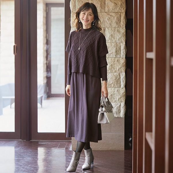 ダイヤ柄ニットワンピースアンサンブル