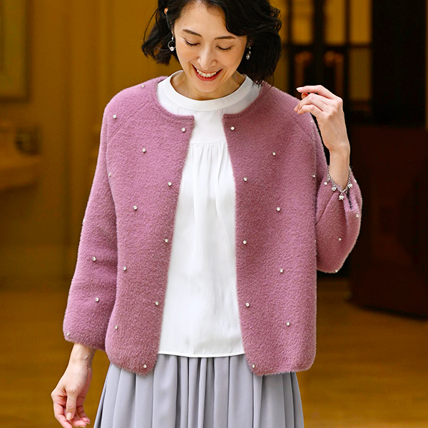 ビジュー付シャギーカーディガン