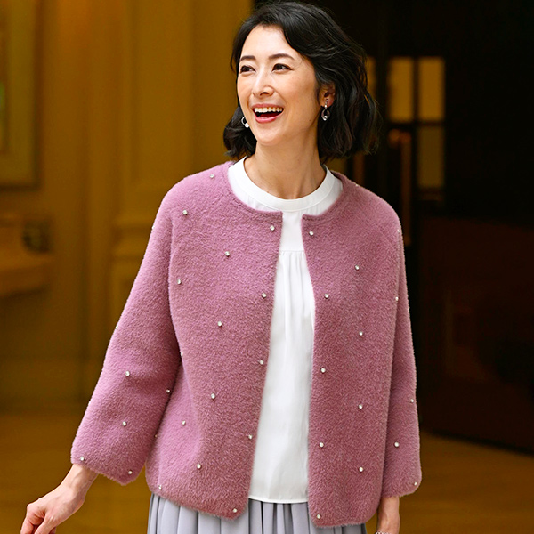 ビジュー付シャギーカーディガン