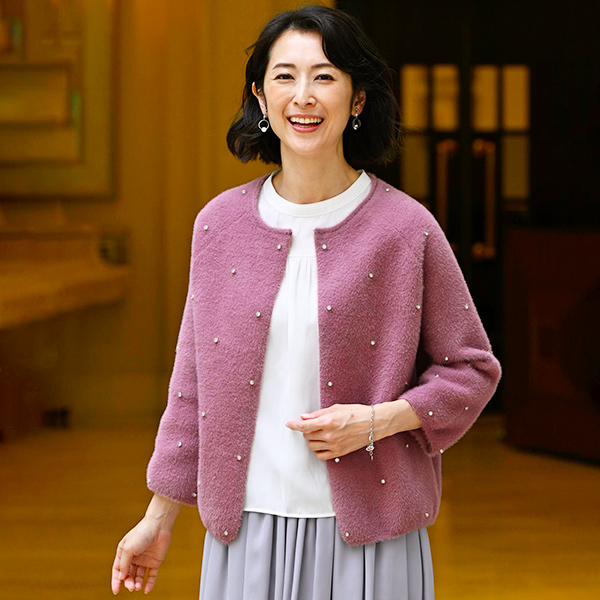 ビジュー付シャギーカーディガン