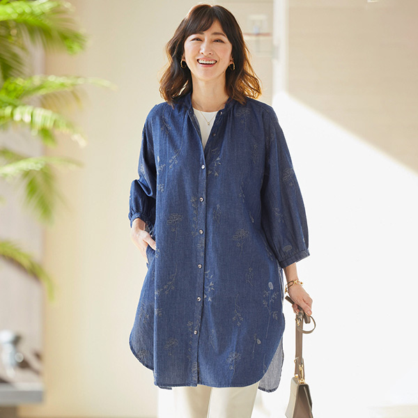 綿デニム刺しゅう ロングブラウスワンピース