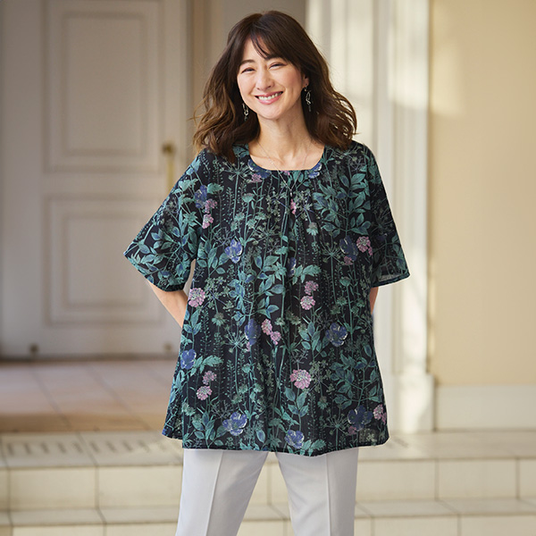 綿ガーゼプリント フレアオーバーブラウス