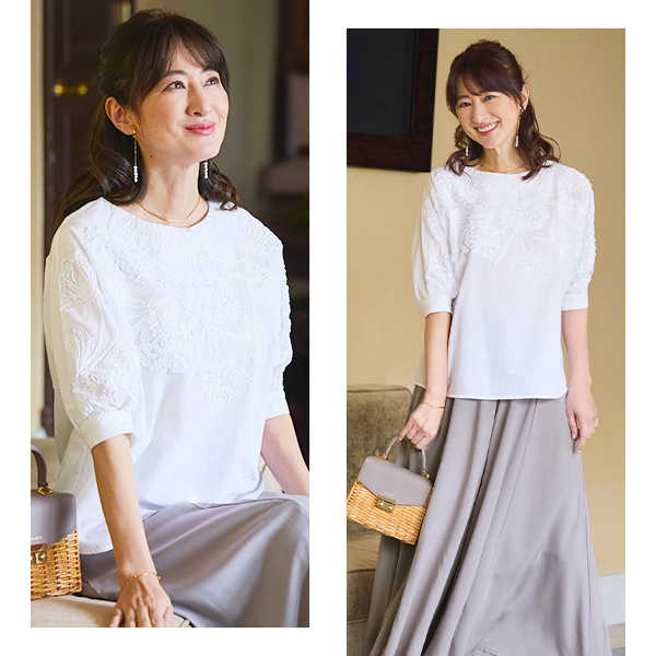 刺しゅう使いドルマン袖ブラウス