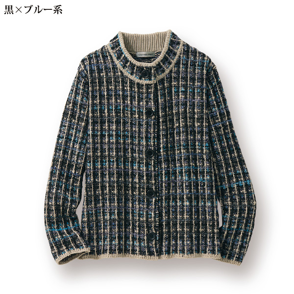 ウール混ミックス格子ニットジャケット