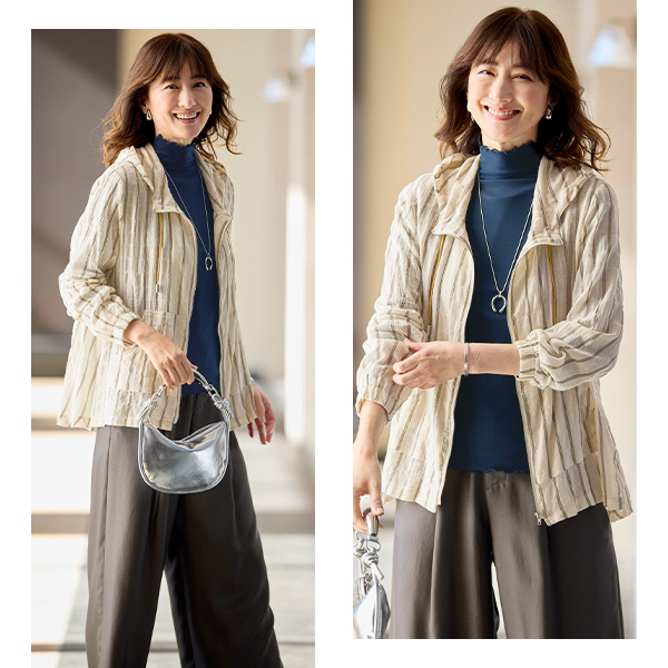 先染ストライプ綿 楊柳ブルゾンジャケット