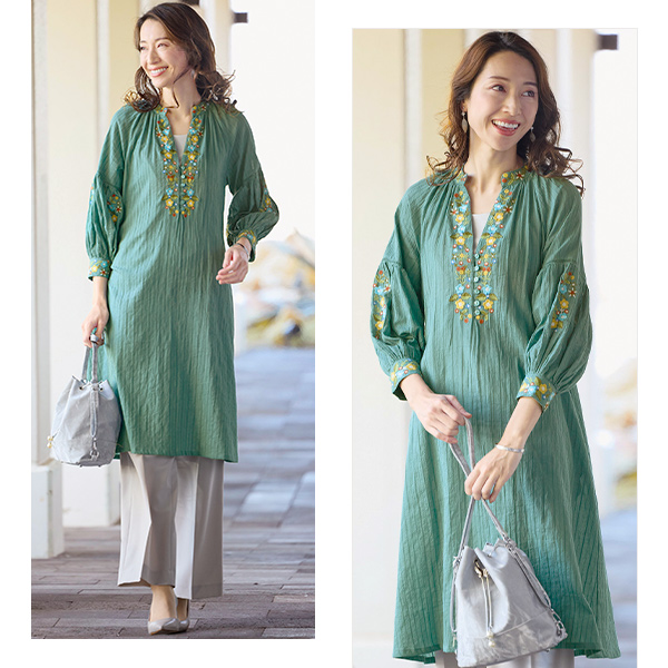 綿ジャカード 多色刺しゅう使いワンピース