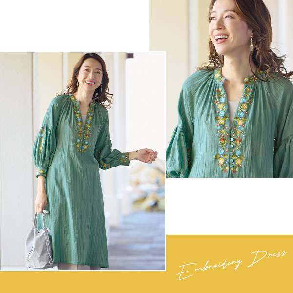 綿ジャカード多色刺しゅう使いワンピース