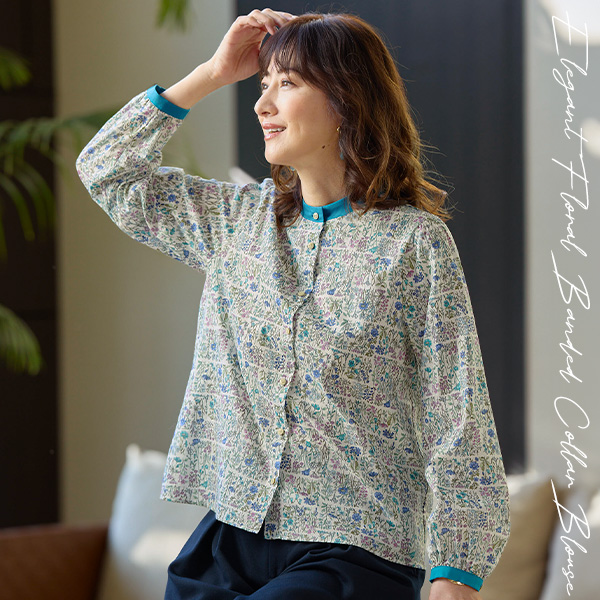 配色バンドカラーブラウス