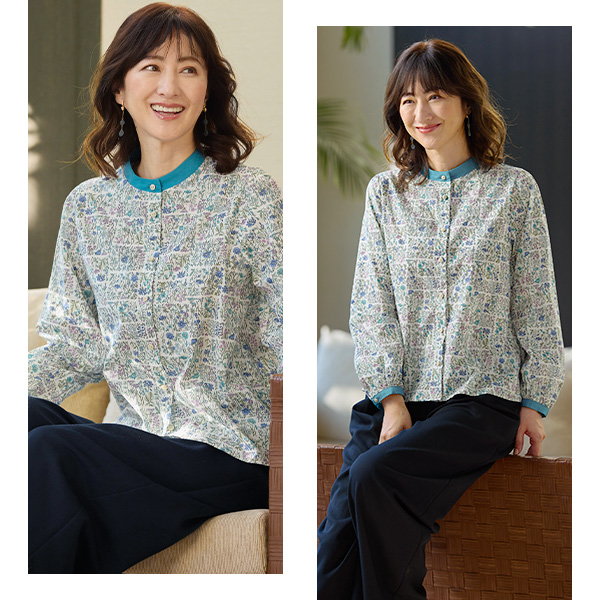 配色バンドカラーブラウス