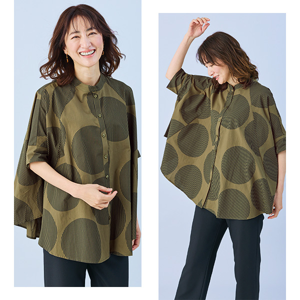 ドット柄ビッグシルエットフレアシャツ