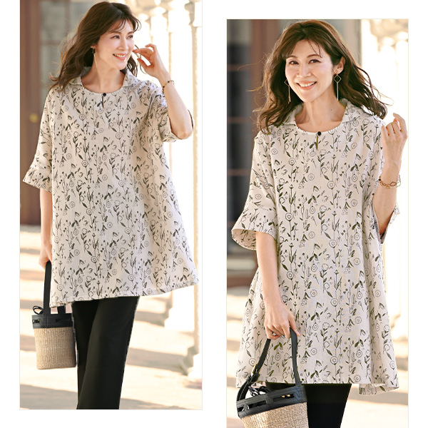 綿麻 花柄プリント ドルマンワンピース